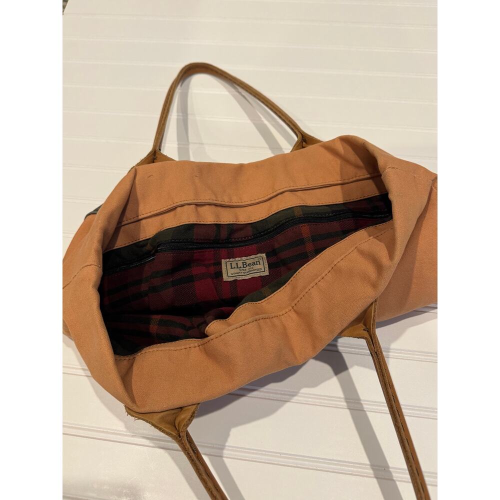 L.L. Bean Leather Handles Boat Tote Bag Canvas Plaid Brown Green Vintage 90s - Picture 2 of 7